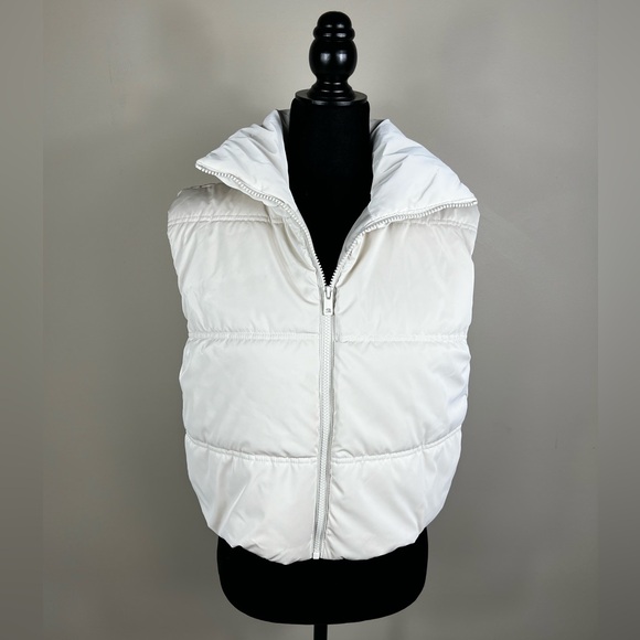 Beige Crop Puffer Vest Cropped Zip Up Down Quilted Jacket Neck Padded Airport 25 - Picture 16 of 17